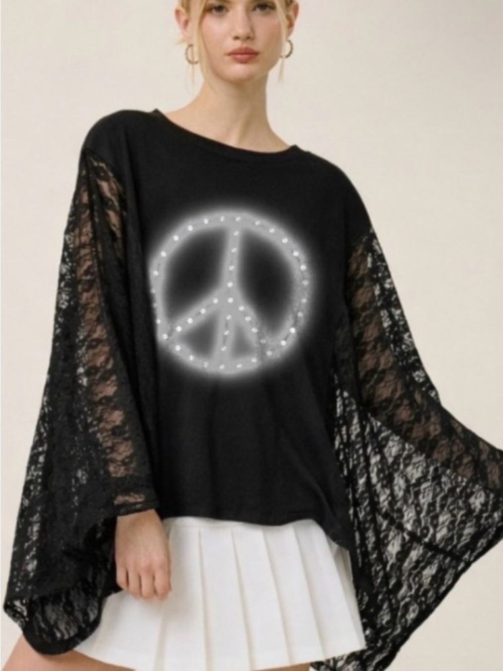 COMING SOON - black Lace-Sleeve Peace Sign Top - Women